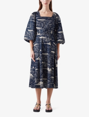 Lk Bennett Liza Riviera-print Cotton Midi Dress In Mul-navy/cream