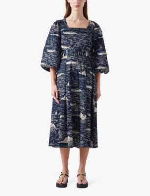 Shop Lk Bennett Women's Mul-navy/cream Liza Riviera-print Cotton Midi Dress