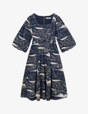 Shop Lk Bennett Women's Mul-navy/cream Liza Riviera-print Cotton Midi Dress