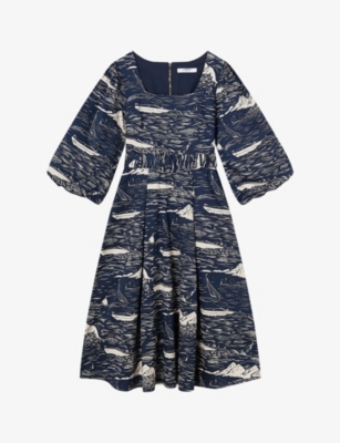 Lk Bennett Liza Riviera-print Cotton Midi Dress In Mul-navy/cream