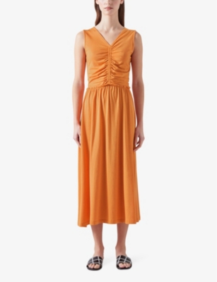 Lk Bennett Womens Ora-burnt Orange Claud Ruched Cotton-jersey Midi Dress In Ora-burnt Orange