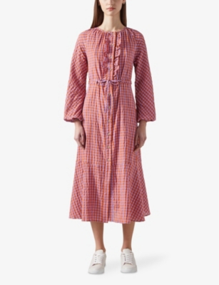 Shop Lk Bennett Women's Mul-orange Sophie Ruffle-trim Gingham Cotton Midi Dress