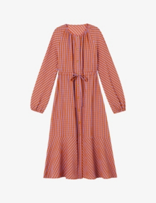 Lk Bennett Womens Mul-orange Sophie Ruffle-trim Gingham Cotton Midi Dress In Mul-orange