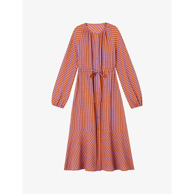Lk Bennett Womens Mul-orange Sophie Ruffle-trim Gingham Cotton Midi Dress