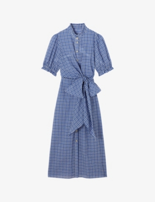 Shop Lk Bennett Womens Mul-blue/white Soleil Check-print Seersucker Cotton-blend Midi Dress