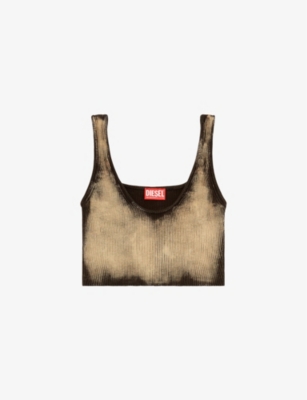 Shop Diesel M-deidra Bleached-effect Ribbed-knit Bra Top In 900a