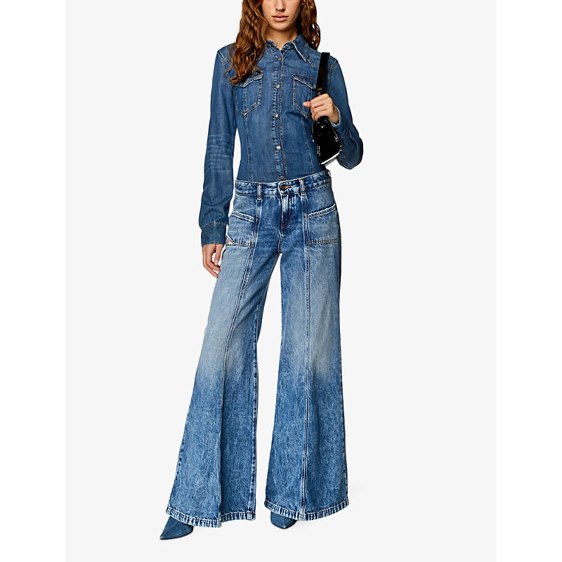 Shop Diesel D-akii Panelled Flared-leg Mid-rise Denim-blend Jeans In 1