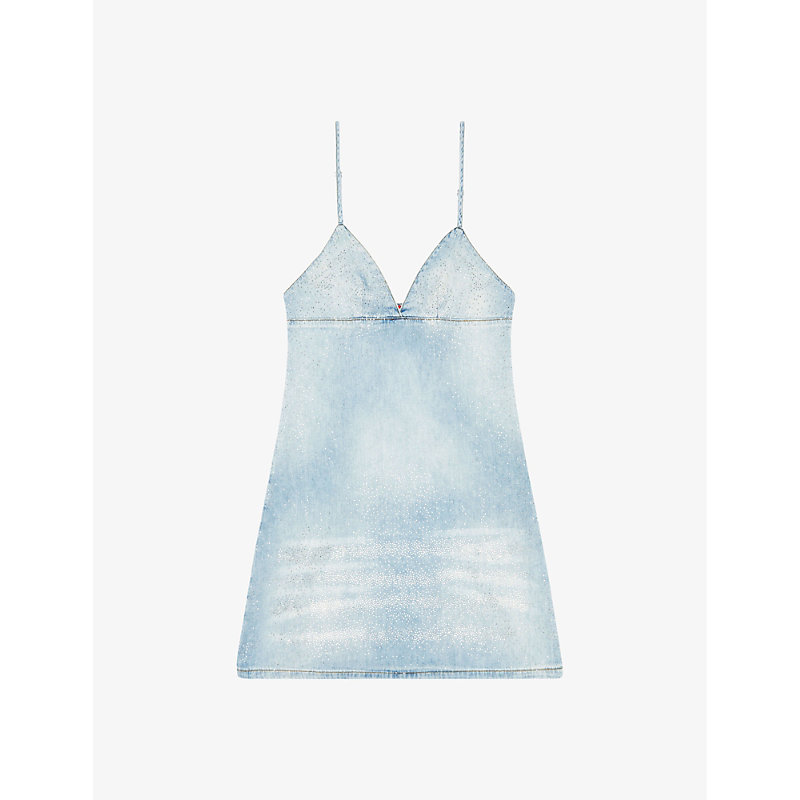 Shop Diesel Women's 1 De-ver S Crystal-embellished Bleach-effect Denim Mini Dress
