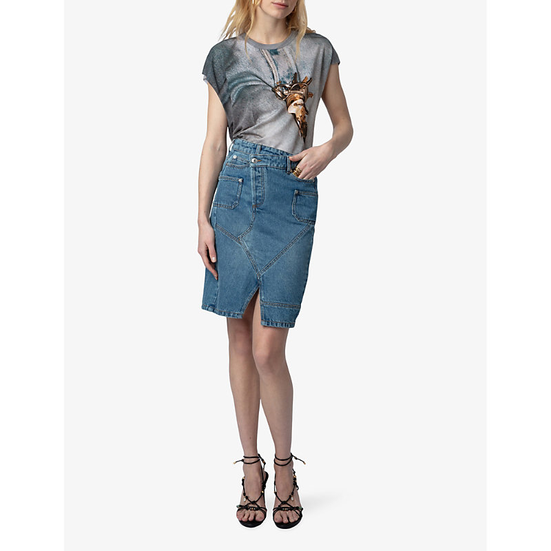 Shop Zadig & Voltaire Zadig&voltaire Womens Light Blue Jinko Asymmetric-waist High-rise Denim Skirt