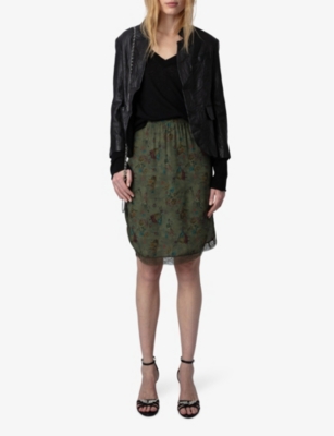 Shop Zadig & Voltaire Zadig&voltaire Women's Kaki Jozy Elasticated-waist Graphic-print Silk Skirt