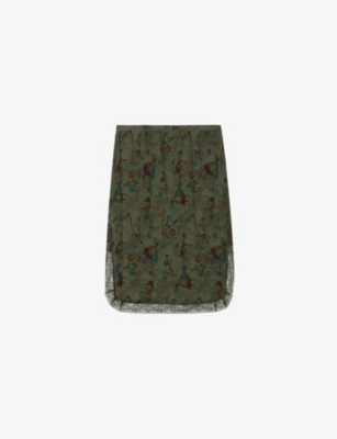Zadig & Voltaire Zadig&voltaire Women's Kaki Jozy Elasticated-waist Graphic-print Silk Skirt