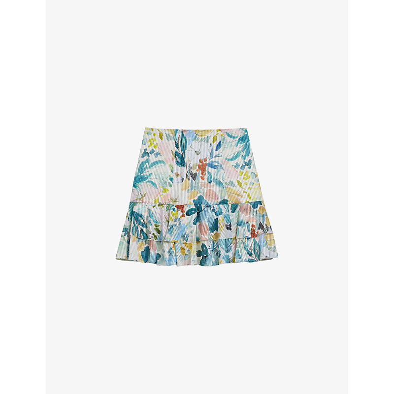 Shop Ted Baker Pragsea Floral-print Tiered Woven Mini Skirt In Ivory