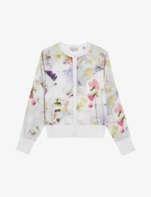 Shop Ted Baker Women's White Haylou Floral-print High-neck Knitted Cardigan