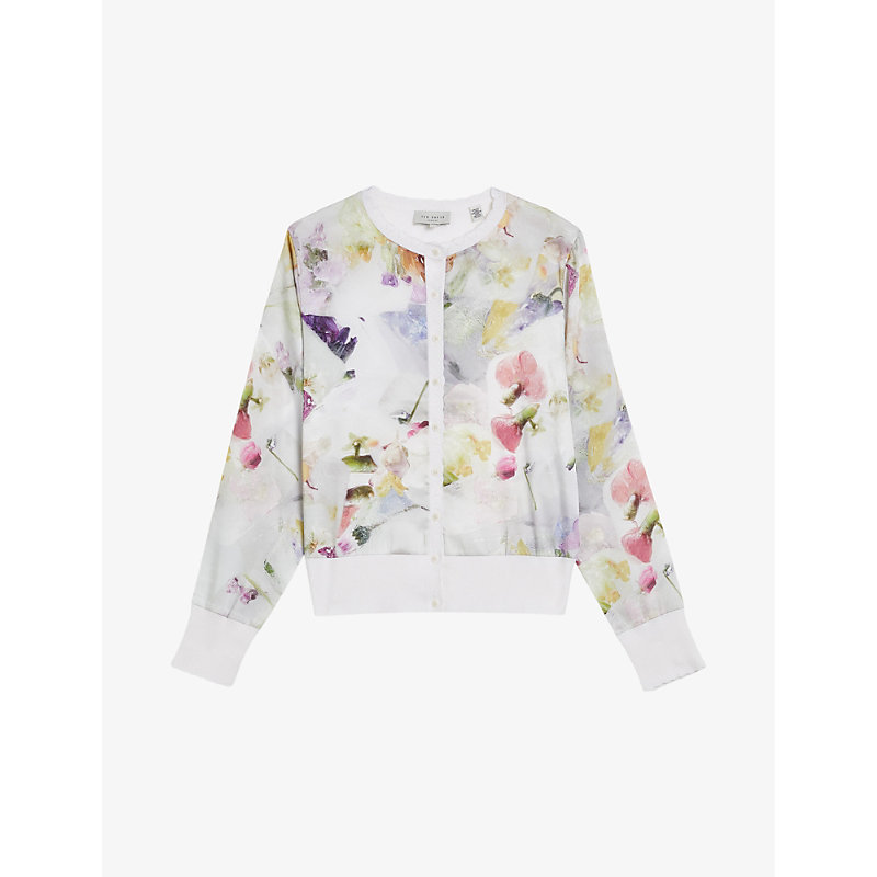 Shop Ted Baker Haylou Floral-print High-neck Knitted Cardigan In White