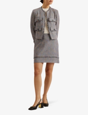 Shop Ted Baker Women's Black Mayumi Frayed-trim Cropped Woven Jacket