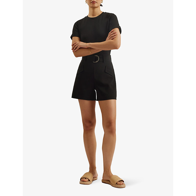 Shop Ted Baker Womens Black Plara Short-sleeve Belted-waist Stretch-woven Playsuit