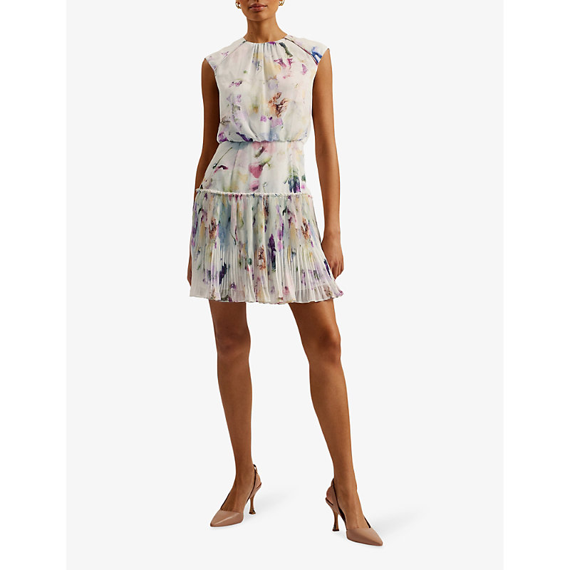Shop Ted Baker Saintly Floral-print Sleeveless Woven Mini Dress In White