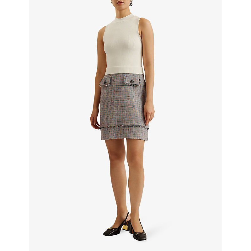 Shop Ted Baker Mayumid Tweed-skirt Sleeveless Woven Mini Dress In Ivory
