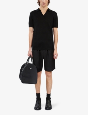 Shop The Kooples Mens Black Open-neck Short-sleeve Knitted Polo