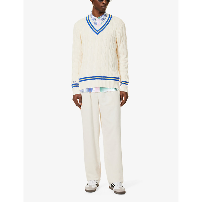 Shop Polo Ralph Lauren Men's Cream W/ Navy Stripe Cricket V-neck Cotton Jumper