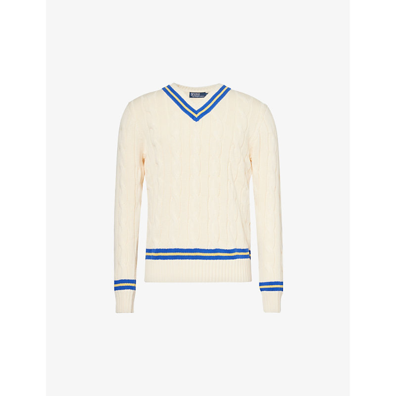 Polo Ralph Lauren Cricket V-neck Cotton Jumper In Cream W/ Navy Stripe