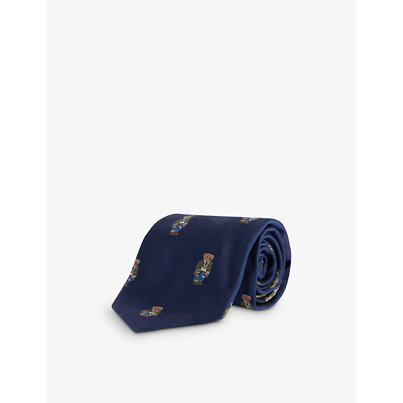 Polo Ralph Lauren Mens Navy Bear-embroidered Wide-blade Silk Tie