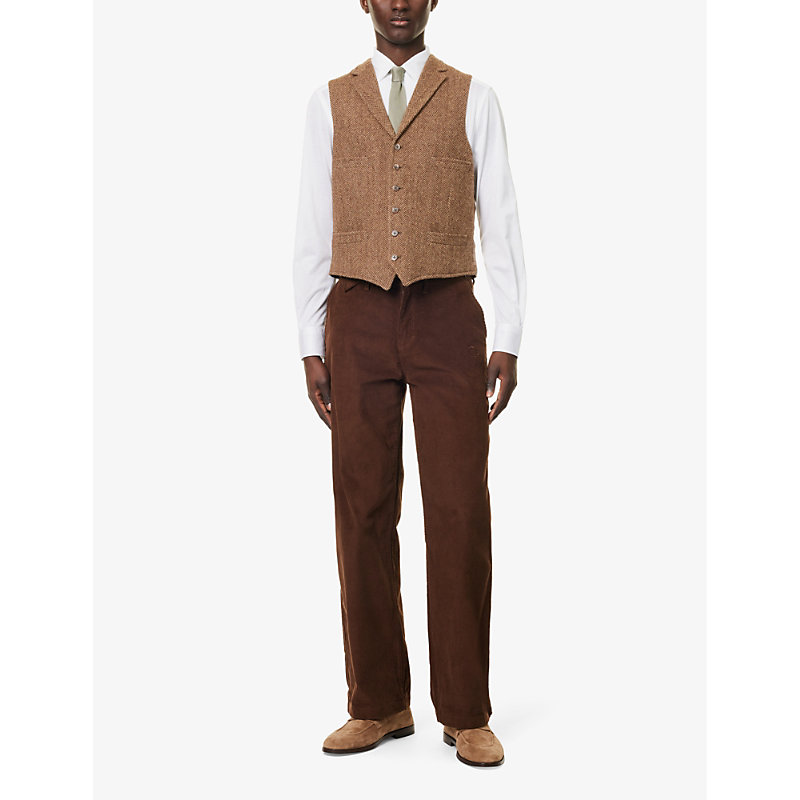 Shop Polo Ralph Lauren Herringbone V-neck Regular-fit Wool Gilet In Brown/tan