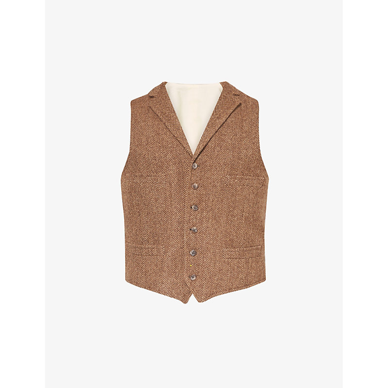 Shop Polo Ralph Lauren Herringbone V-neck Regular-fit Wool Gilet In Brown/tan