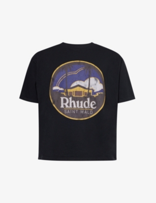 Shop Rhude Men's Vintage Black Saint-malo Graphic-print Cotton-jersey T-shirt