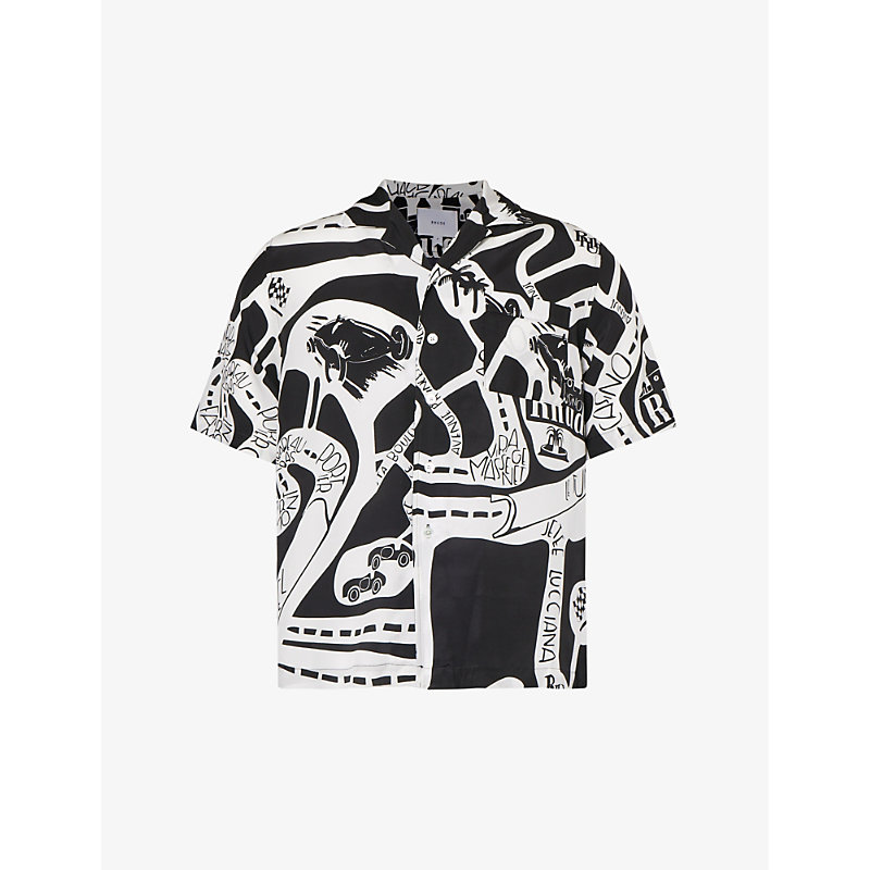 Shop Rhude Men's Black White Strada Graphic-print Silk Shirt