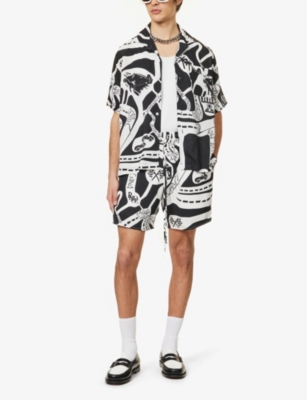 Shop Rhude Mens Black White Strada Graphic-print Silk Shorts