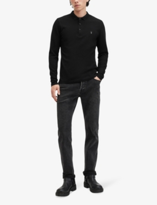 Shop Allsaints Mens  Reform Logo-embroidered Long-sleeve Cotton Polo In Black