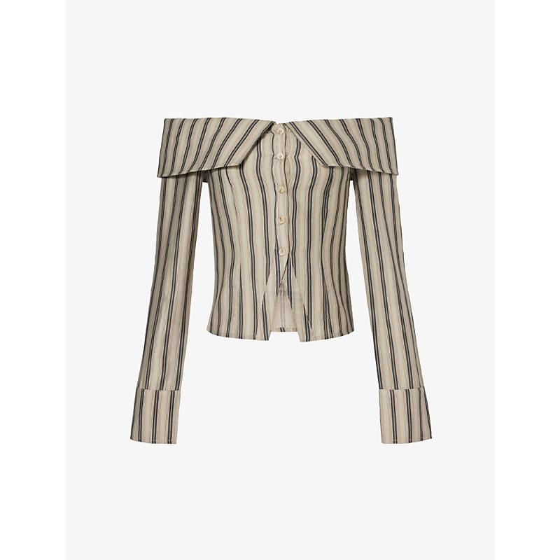 Jaded London Off-the-shoulder Striped Woven Shirt In Khaki/brown