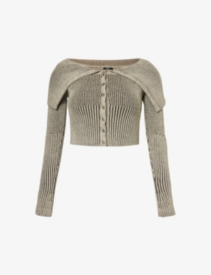 Jaded London Womens Beige Folded-collar Cropped Slim-fit Cotton Knitted Top