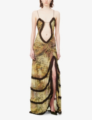 Shop Jaded London Women's Multi Fatale Patterned Cut-out Slim-fit Mesh Maxi Dress