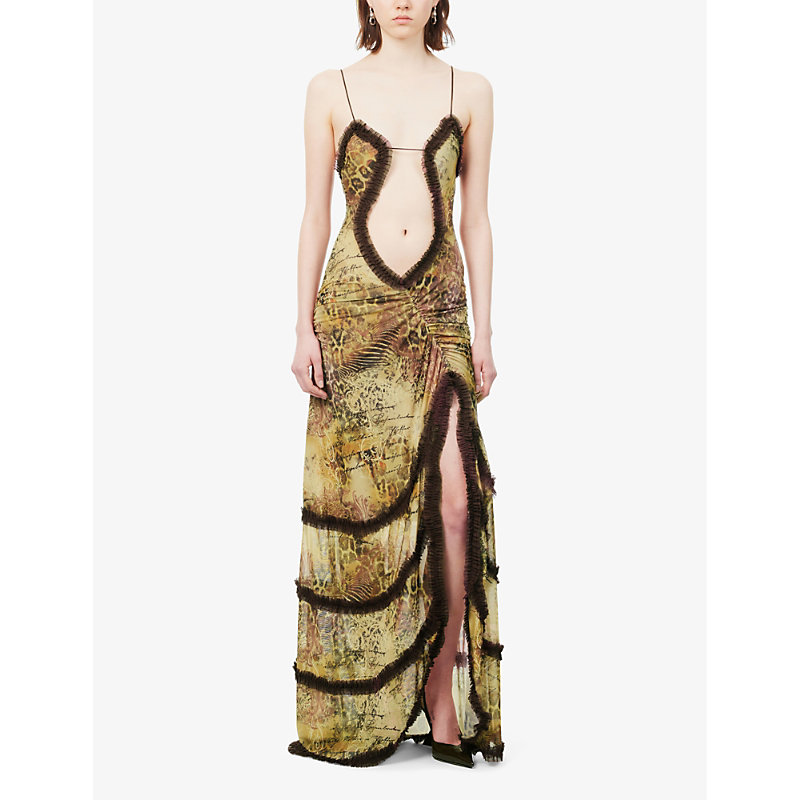 Shop Jaded London Women's Multi Fatale Patterned Cut-out Slim-fit Mesh Maxi Dress