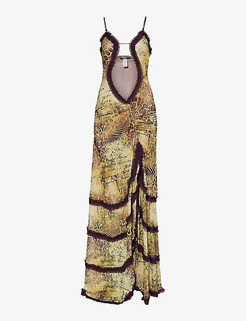 JADED LONDON: Fatale patterned cut-out slim-fit mesh maxi dress