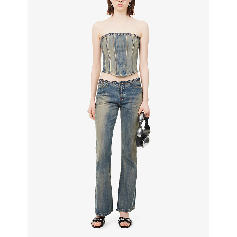 Shop Jaded London Whipstitch Faded-wash Denim Top In Blue
