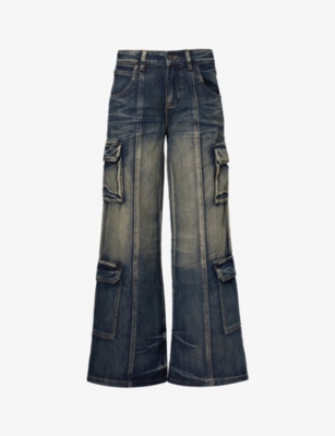 Jaded London Womens Blue Cargo Low-wise Wide-leg Jeans