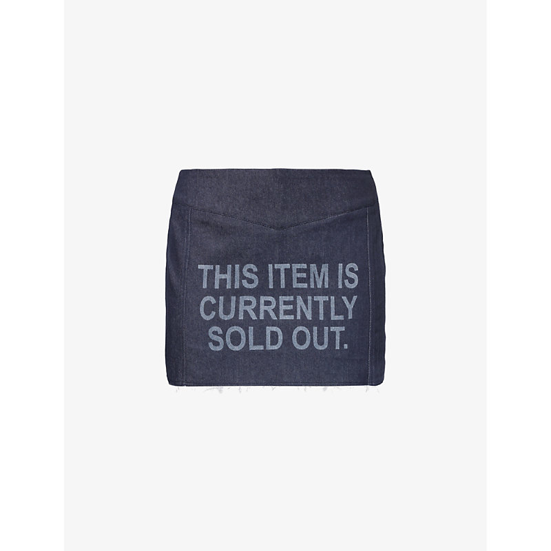 Cowboys Of Habit Womens Indigo Sold Out Logo-pattern Stretch-denim Mini Skirt