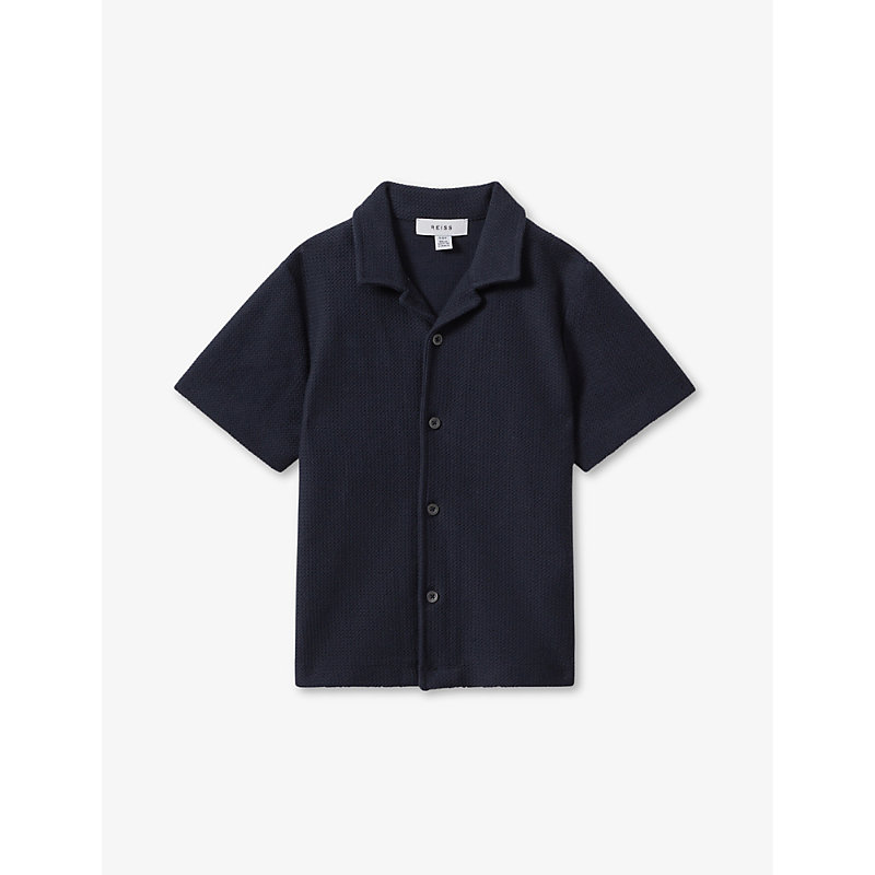 Shop Reiss Gerrard Textured Cotton Shirt 3-14 Years In Navy