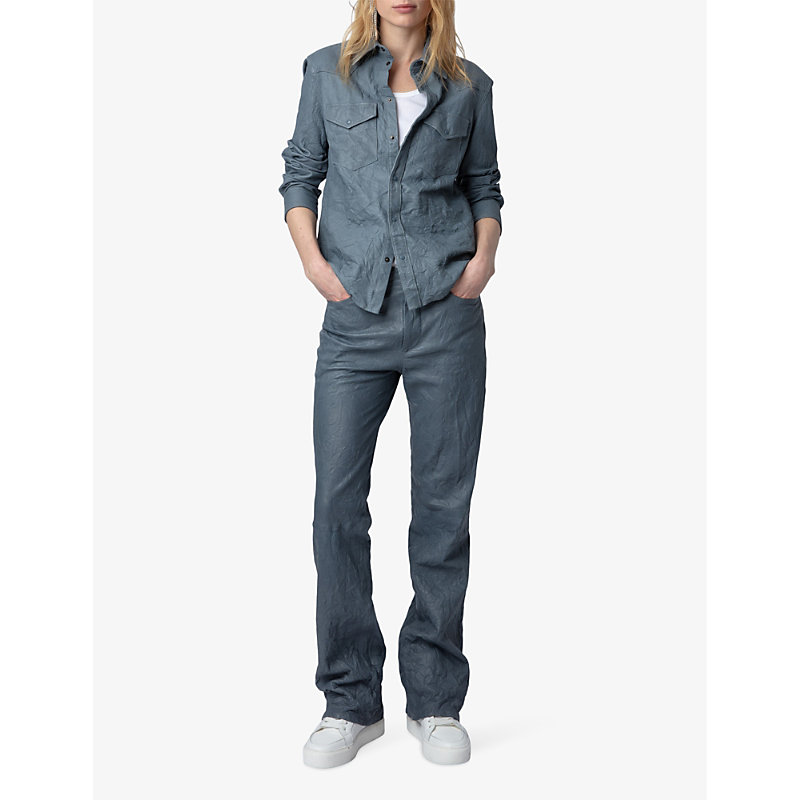 Shop Zadig & Voltaire Zadig&voltaire Women's Light Blue Thelma Slim-fit Crinkled Leather Shirt