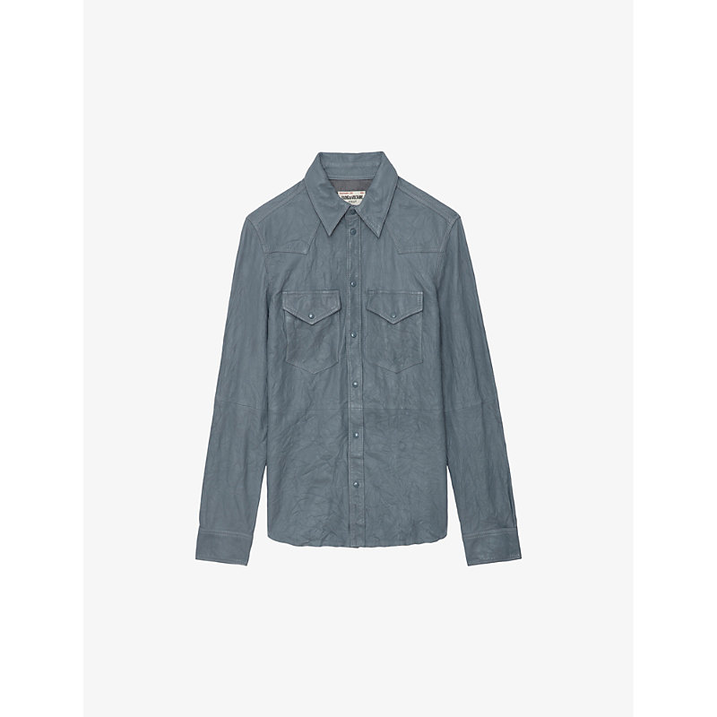 Shop Zadig & Voltaire Zadig&voltaire Women's Light Blue Thelma Slim-fit Crinkled Leather Shirt