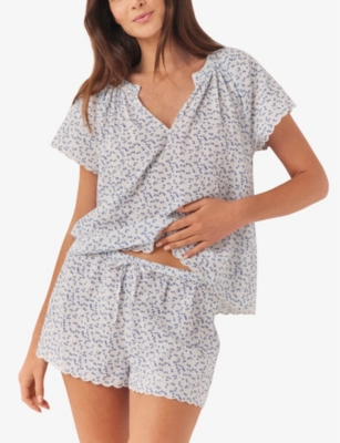 Shop The White Company Women's Blue Print Floral-print Short-sleeve Cotton Short Pyjamas