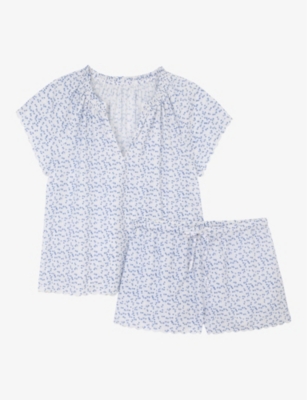 The White Company Womens Blue Print Floral-print Short-sleeve Cotton Short Pyjamas