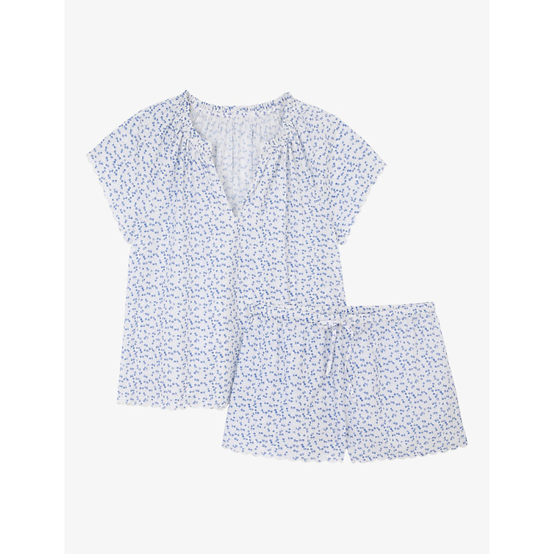 The White Company Womens Blue Print Floral-print Short-sleeve Cotton Short Pyjamas