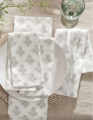 Shop The White Company White/grey Fairford Graphic-print Cotton And Linen-blend Napkins Set Of Four