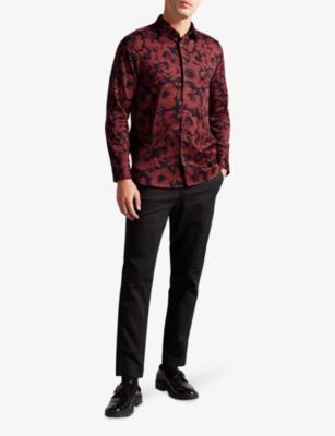 Shop Ted Baker Men's Dk-red Boleena Floral-print Regular-fit Stretch-cotton Shirt