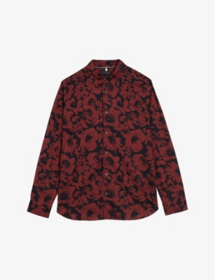 Ted Baker Mens Dk-red Boleena Floral-print Regular-fit Stretch-cotton Shirt