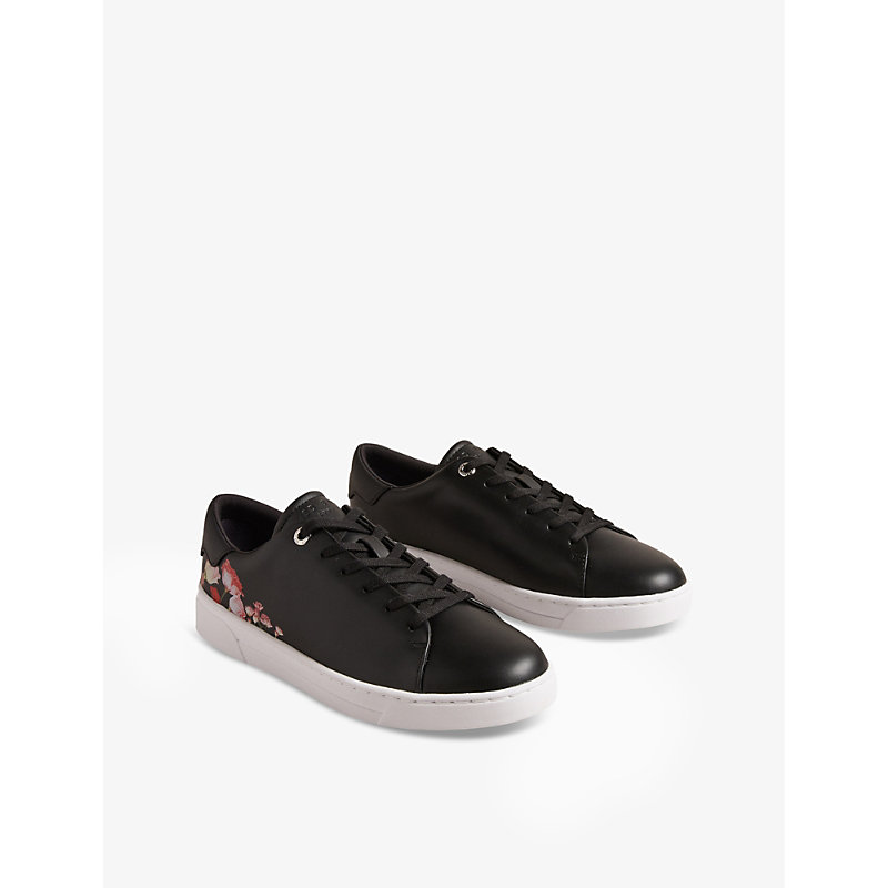 Shop Ted Baker Arlita Floral-print Leather Low-top Trainers In Black